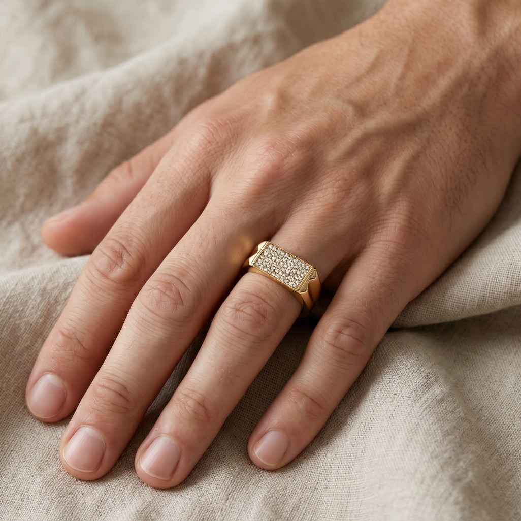 Full Pave Rectangular Arrow-Cut Shoulder Signet Ring 18k gold vermeil