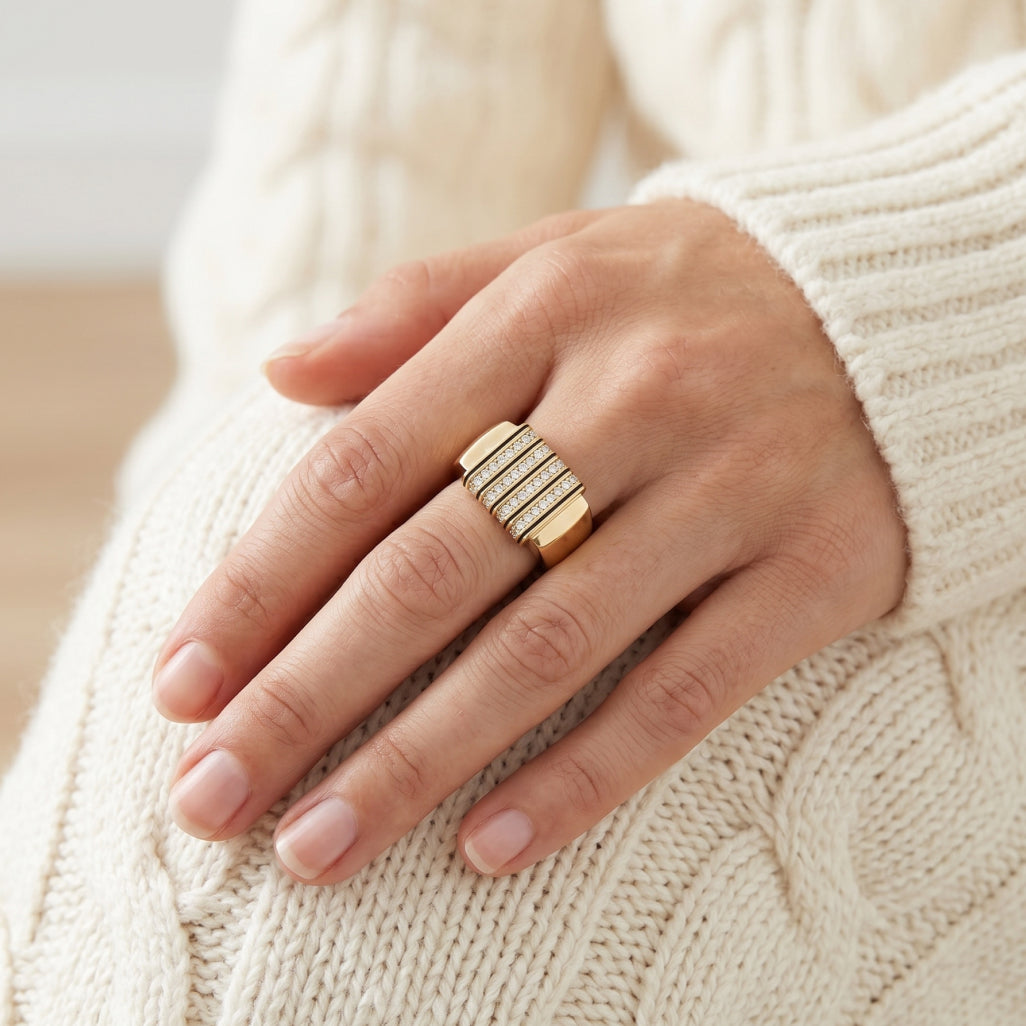 Black Enamel Four-Column  Pillar Ring 18k gold vermeil