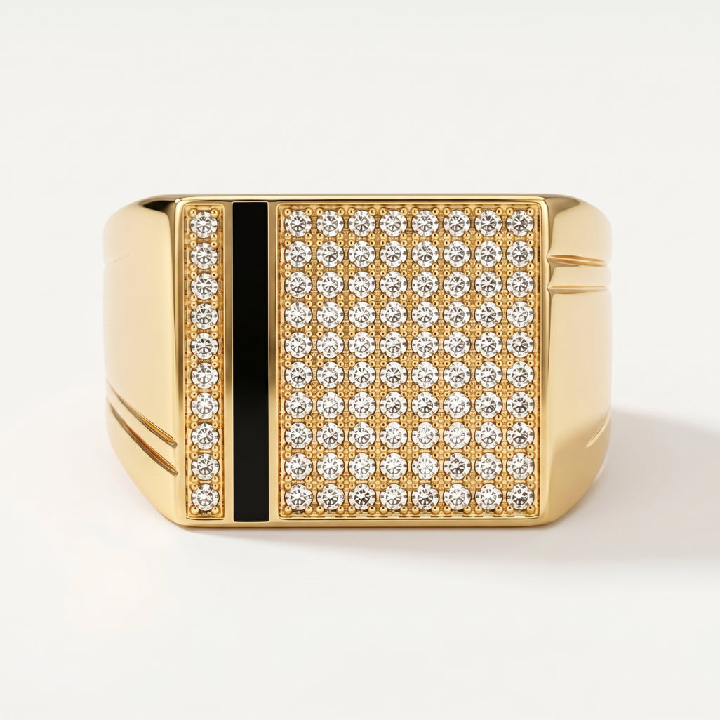 Black Enamel Vertical Bar Full Pave Signet Ring 18k gold vermeil