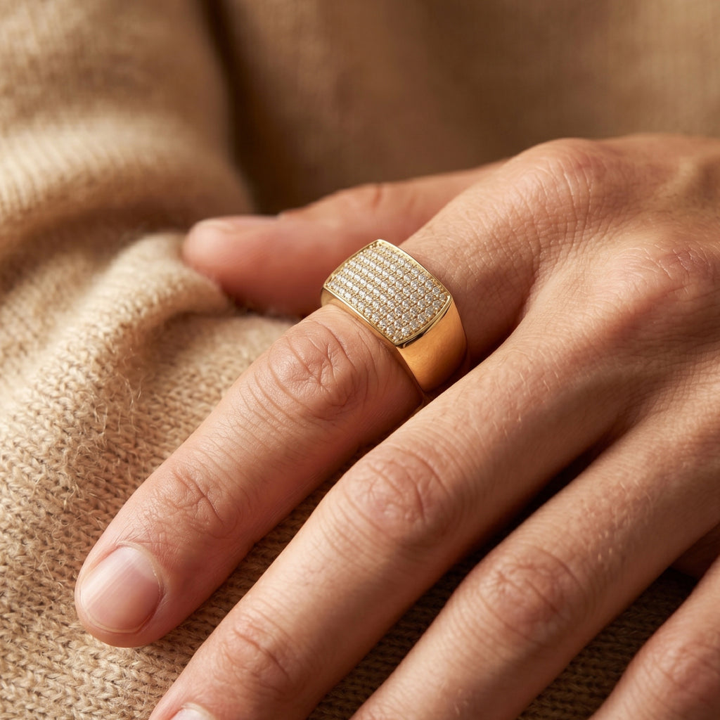 Wide Full Pave Concave Rectangular Signet Ring 18k gold vermeil