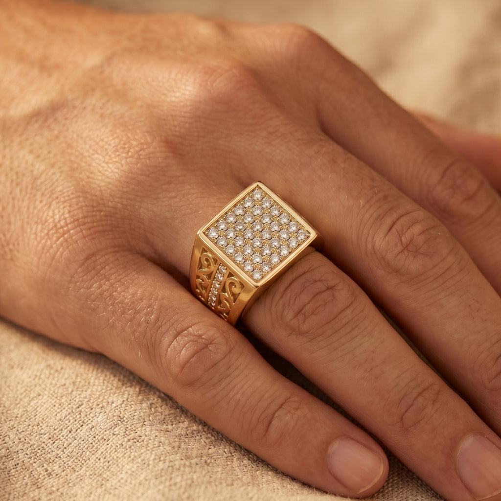 Full Pave Square Scroll Shoulder Signet Ring 18k gold vermeil