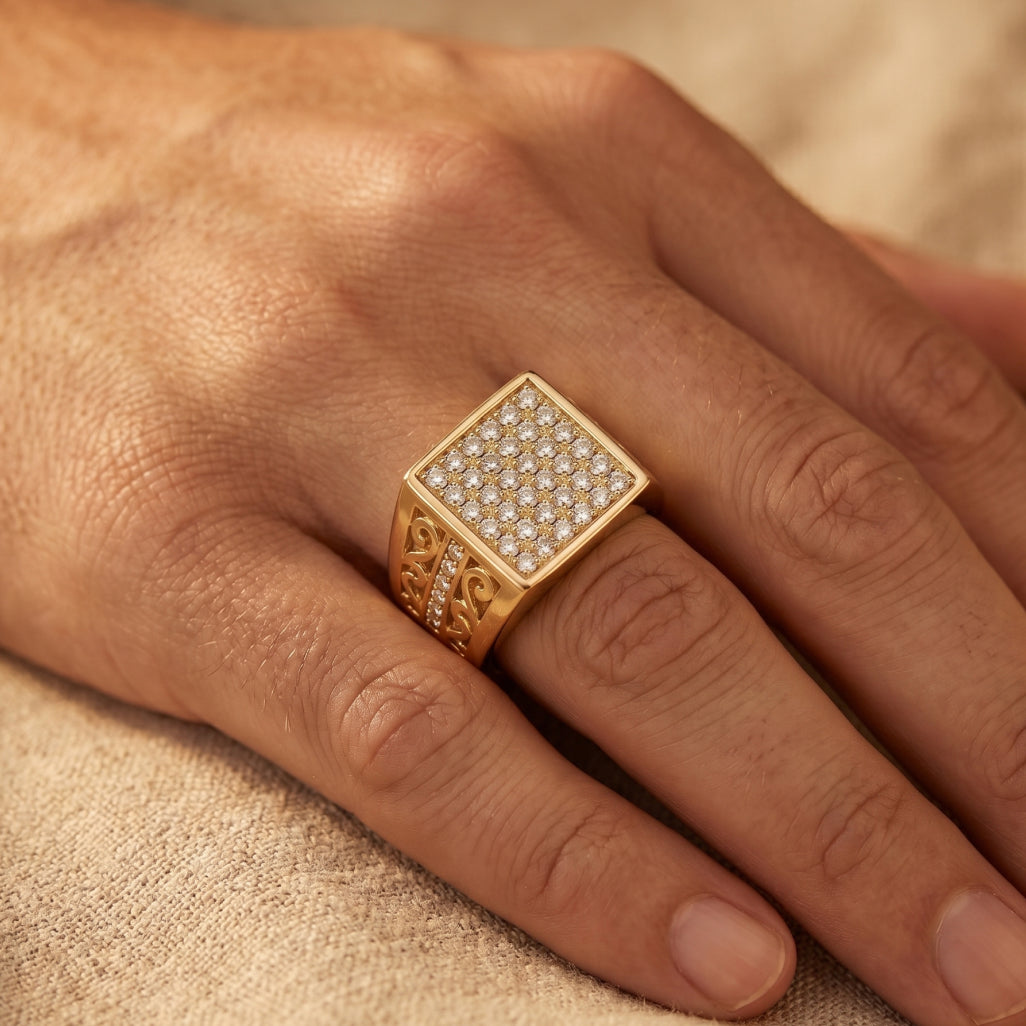 Full Pave Square Scroll Shoulder Signet Ring 18k gold vermeil