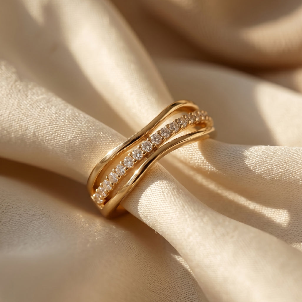 Gold Crossover Pave Wave Ring