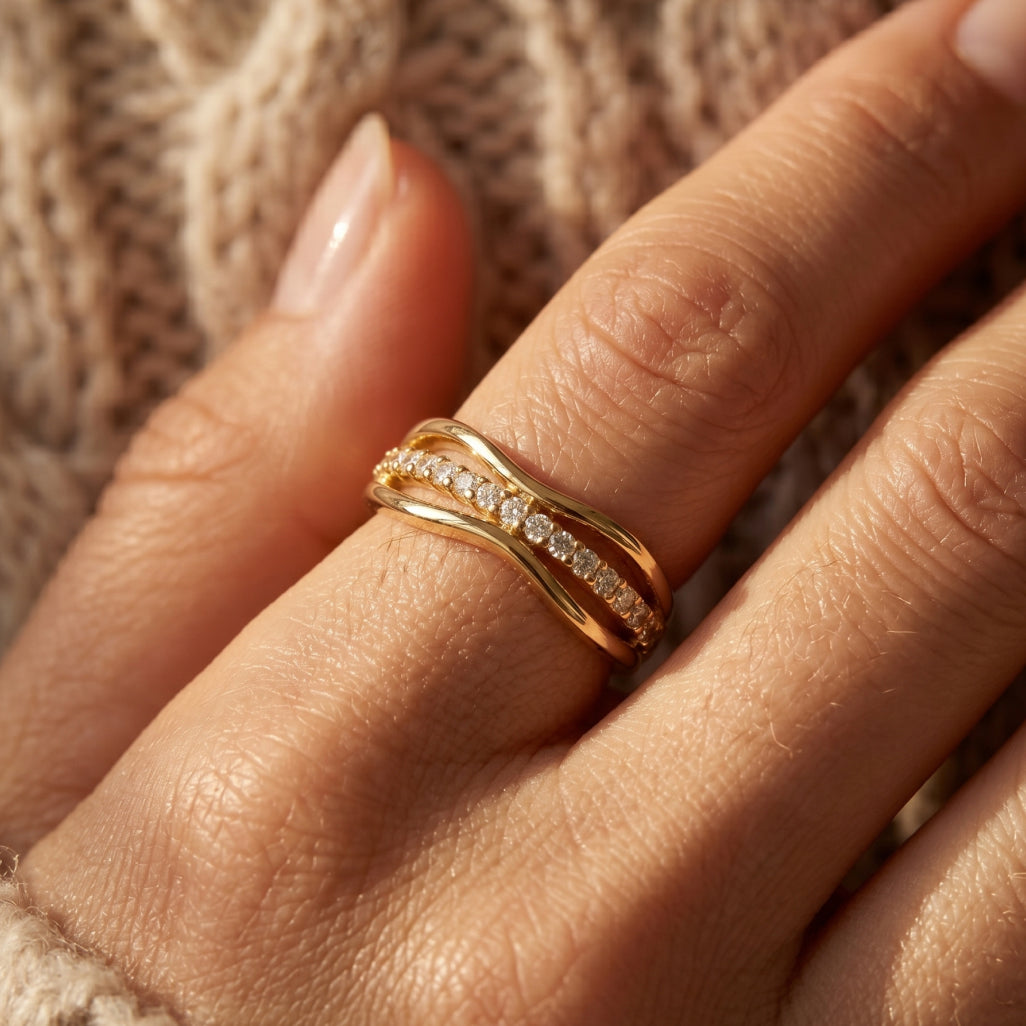 Gold Crossover Pave Wave Ring
