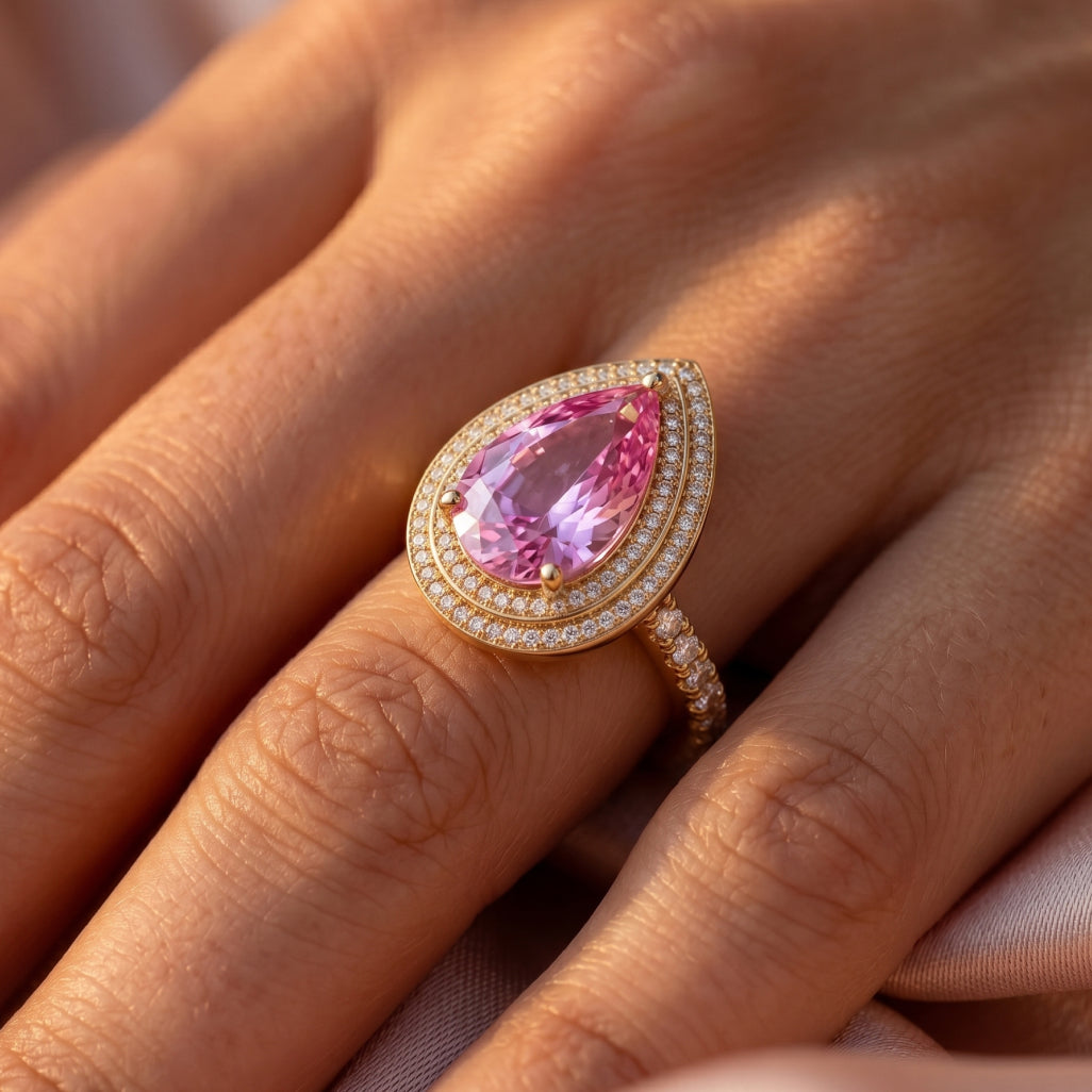 Pink Stone Pear Double Halo Ring