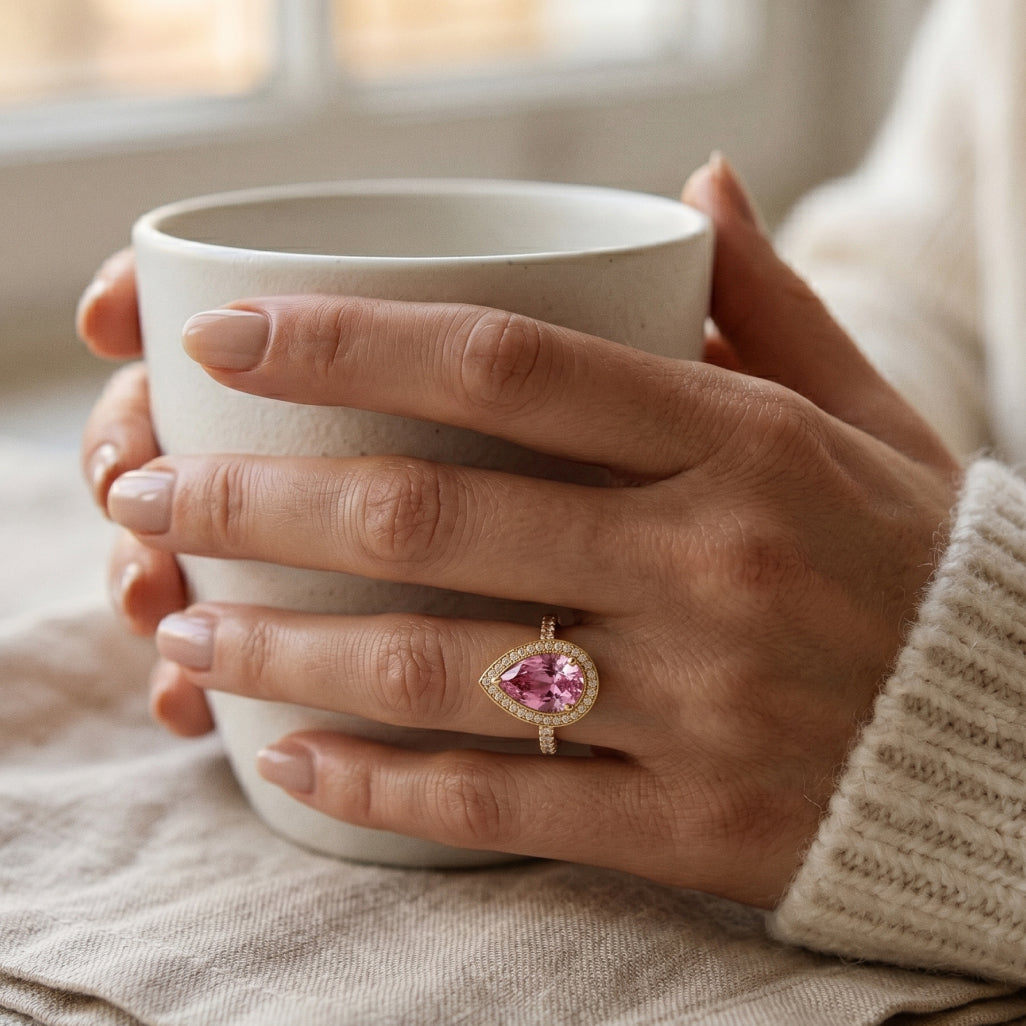 Pink Stone Pear Double Halo Ring