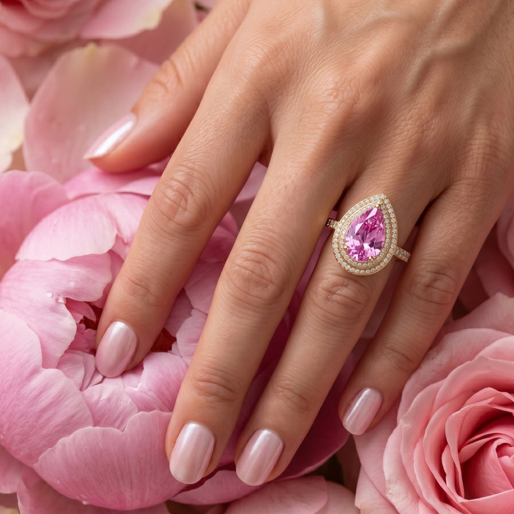 Pink Stone Pear Double Halo Ring