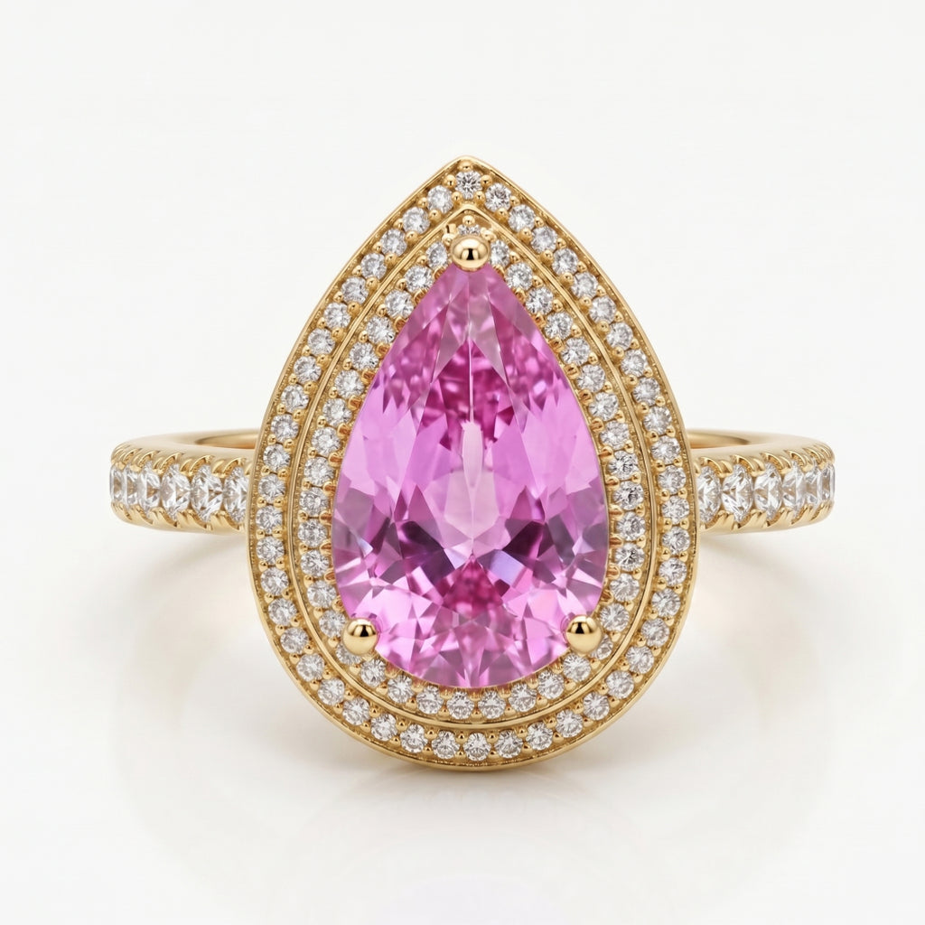 Pink Stone Pear Double Halo Ring
