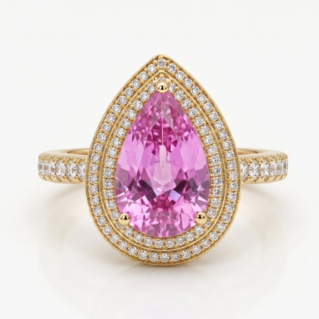 Pink Stone Pear Double Halo Ring