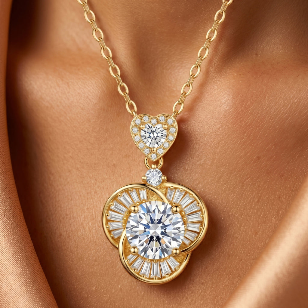 White Round Baguette Orbit Knot Heart Necklace 18k gold vermeil