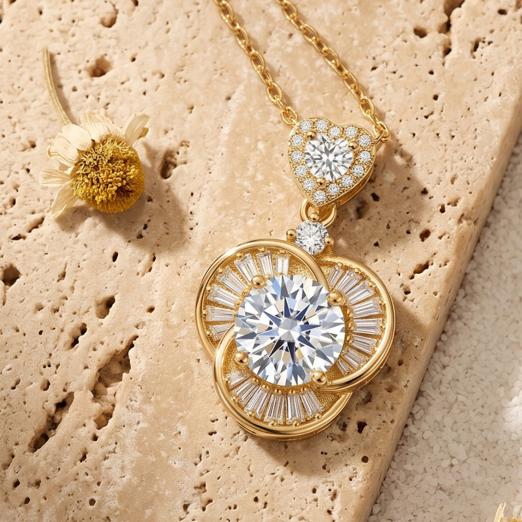 White Round Baguette Orbit Knot Heart Necklace 18k gold vermeil
