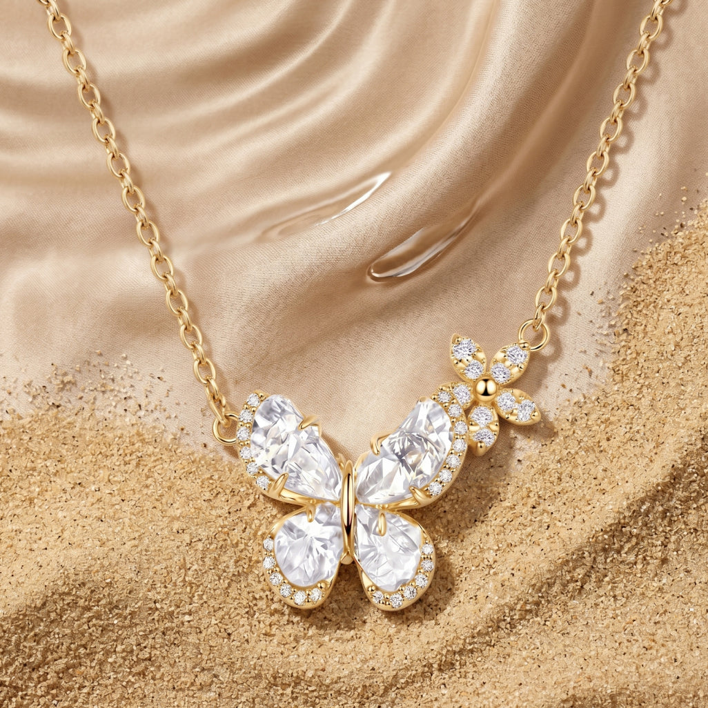 Crystal Heart Butterfly Flower Station Necklace 18k gold vermeil