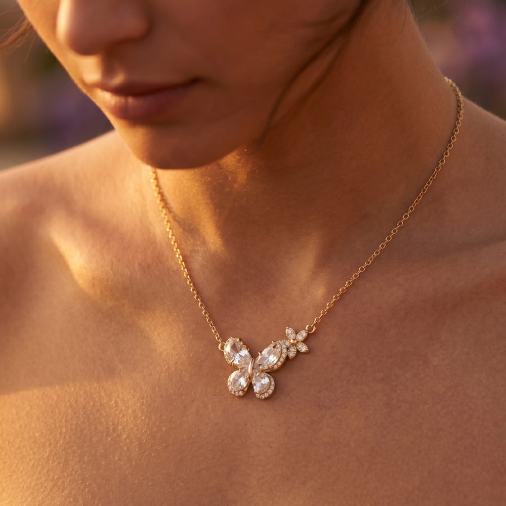 Crystal Heart Butterfly Flower Station Necklace 18k gold vermeil