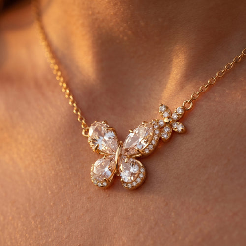 Crystal Heart Butterfly Flower Station Necklace 18k gold vermeil