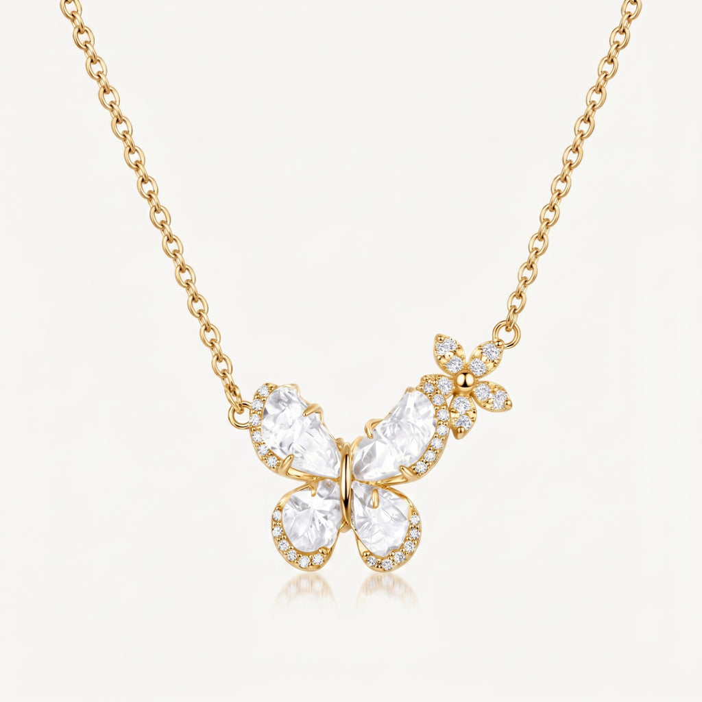Crystal Heart Butterfly Flower Station Necklace 18k gold vermeil