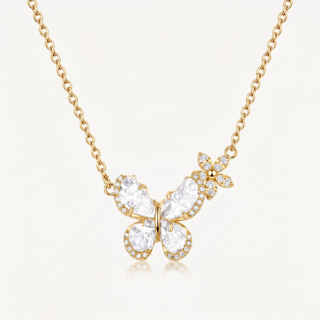 Crystal Heart Butterfly Flower Station Necklace 18k gold vermeil