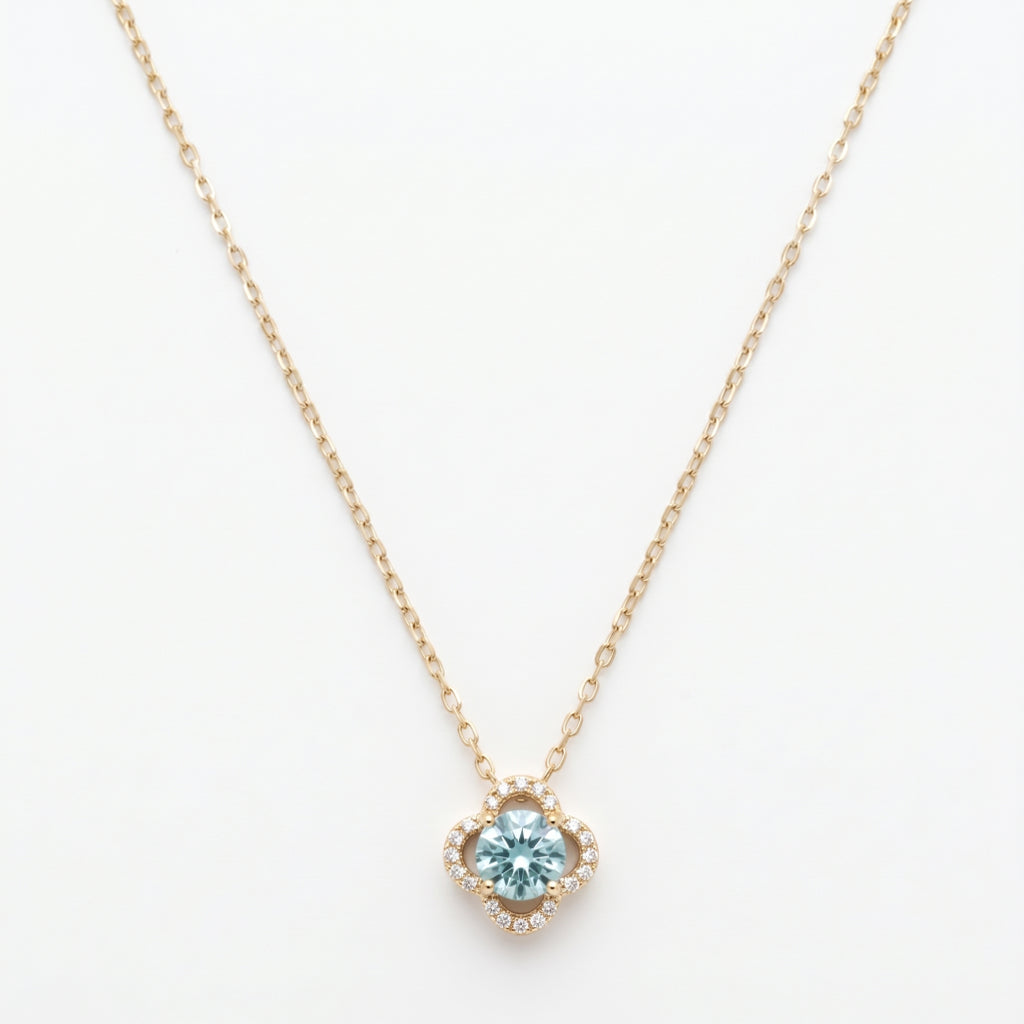 Aqua Round Clover Halo Necklace 18k gold vermeil