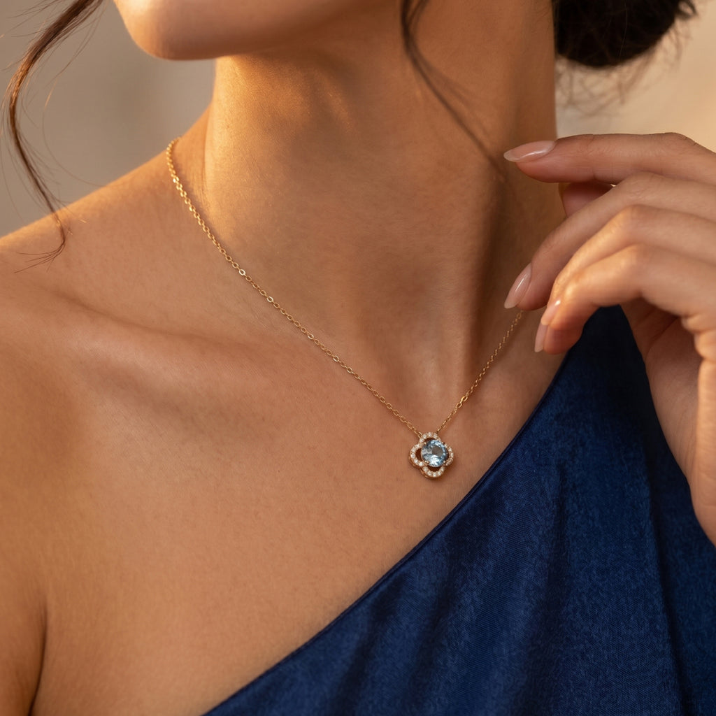 Aqua Round Clover Halo Necklace 18k gold vermeil