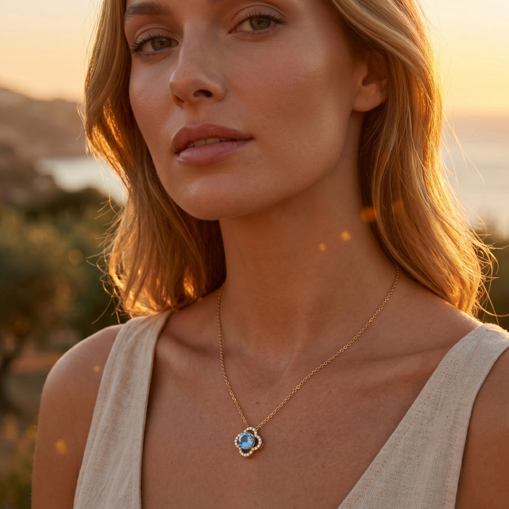 Aqua Round Clover Halo Necklace 18k gold vermeil
