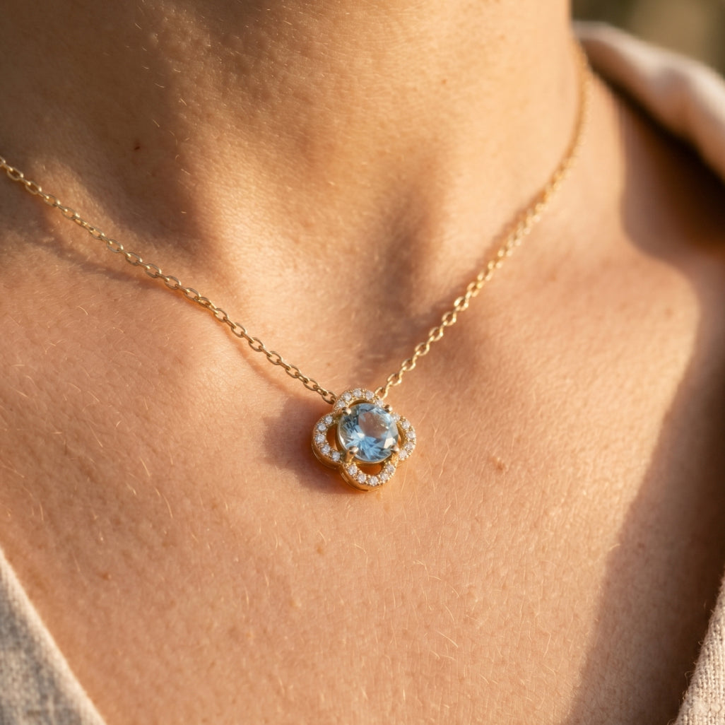 Aqua Round Clover Halo Necklace 18k gold vermeil