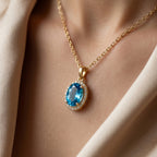 Blue Topaz Oval Halo Pendant Necklace 18k gold vermeil