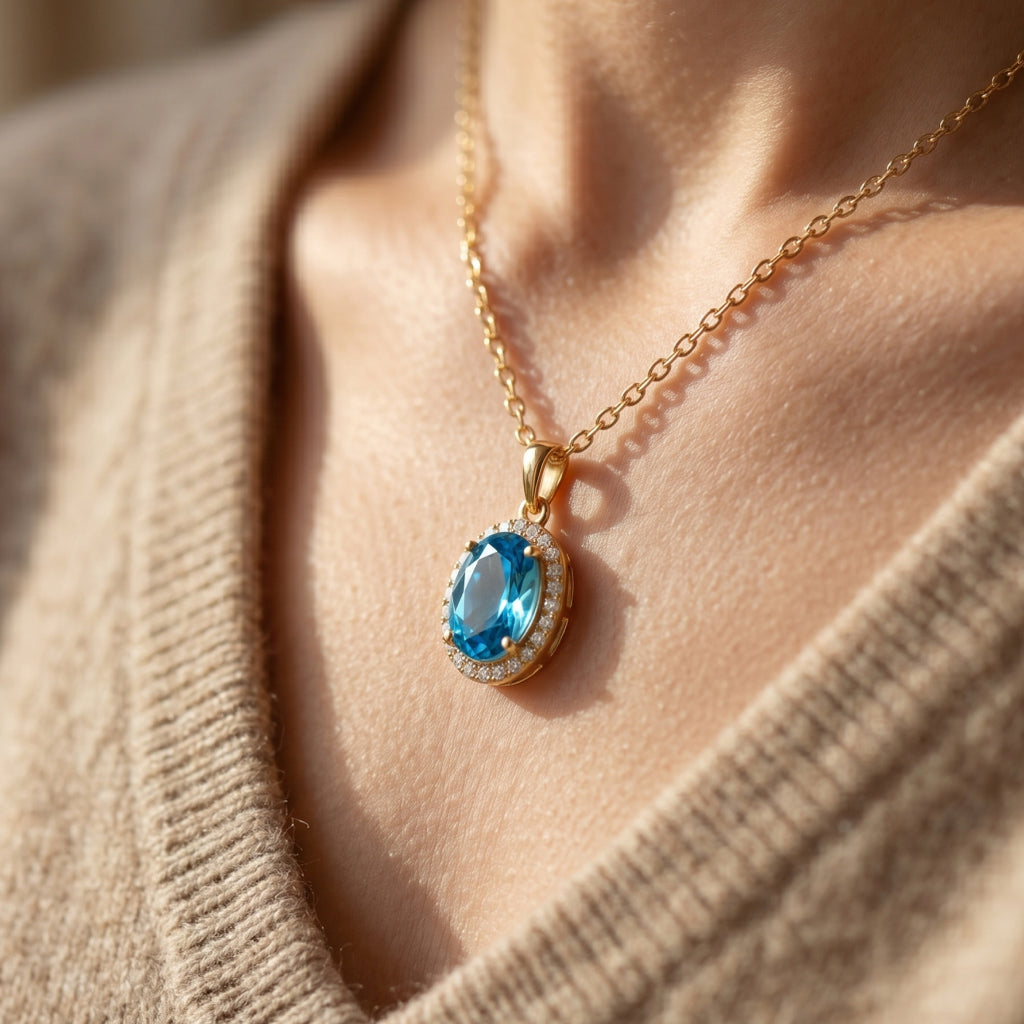 Blue Topaz Oval Halo Pendant Necklace 18k gold vermeil