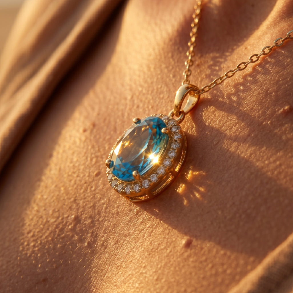 Blue Topaz Oval Halo Pendant Necklace 18k gold vermeil