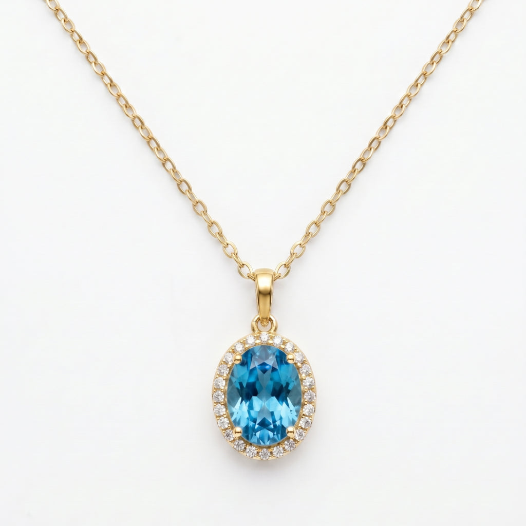 Blue Topaz Oval Halo Pendant Necklace 18k gold vermeil