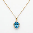Blue Topaz Oval Halo Pendant Necklace 18k gold vermeil