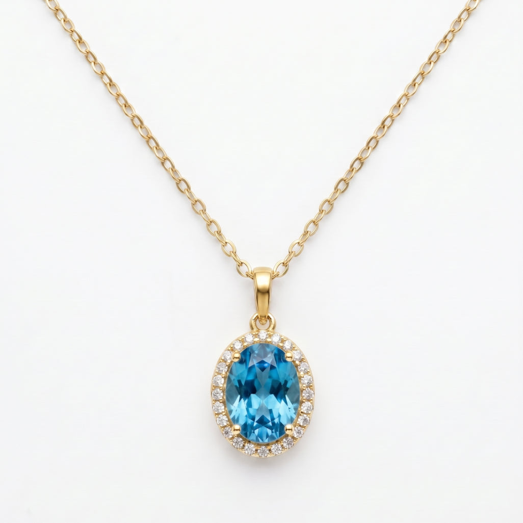 Blue Topaz Oval Halo Pendant Necklace 18k gold vermeil