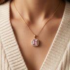 Pink Cushion Square Halo Pendant Necklace 18k gold vermeil