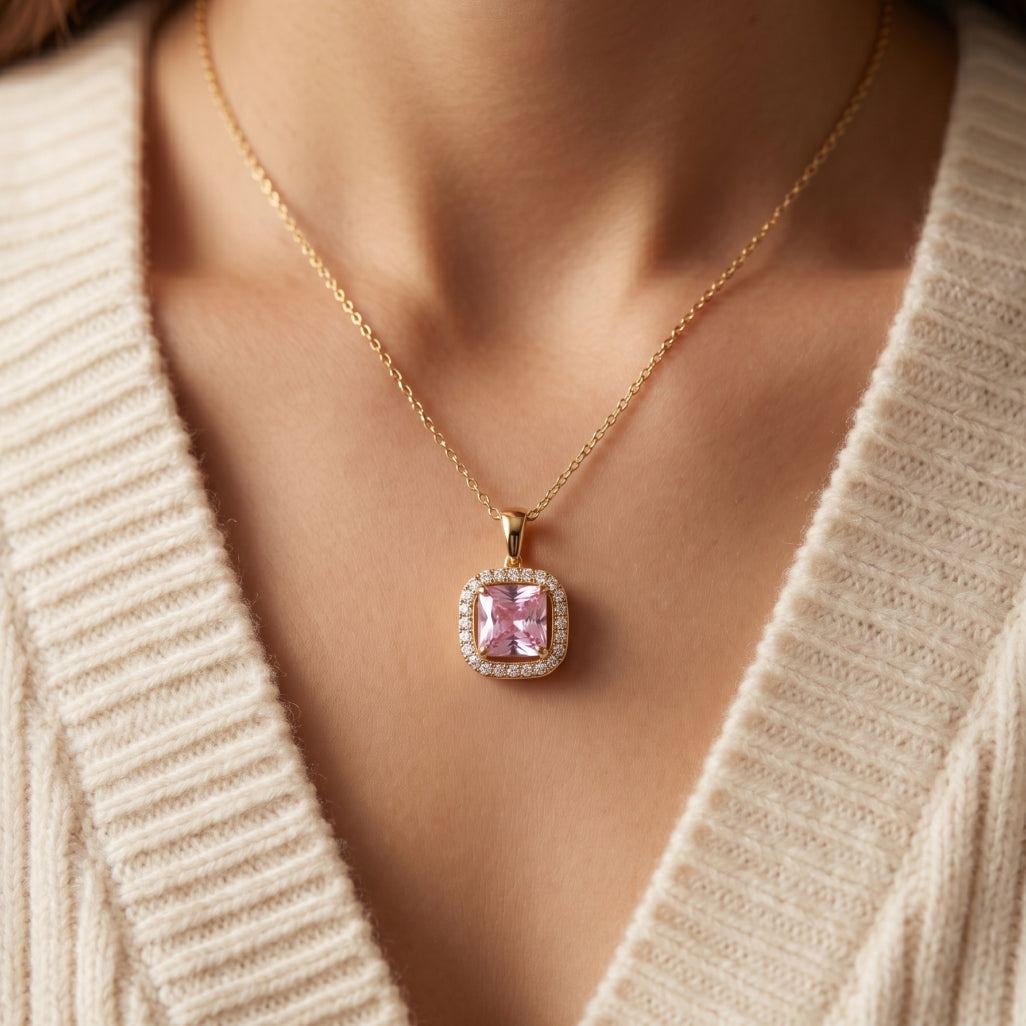 Pink Cushion Square Halo Pendant Necklace 18k gold vermeil
