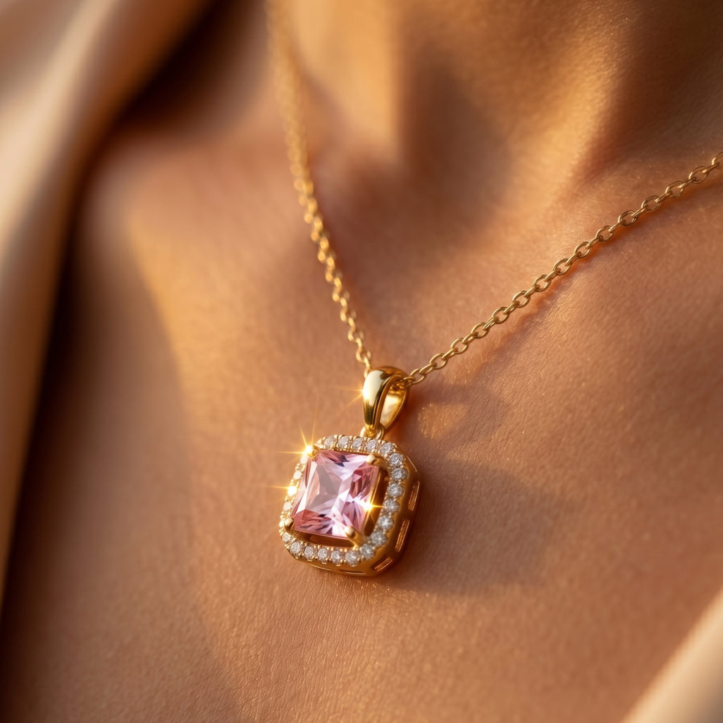 Pink Cushion Square Halo Pendant Necklace 18k gold vermeil