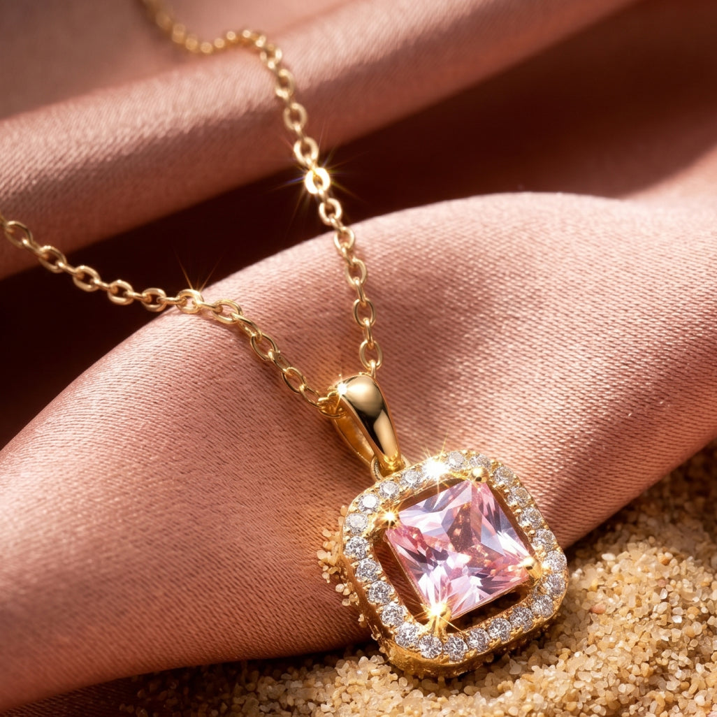 Pink Cushion Square Halo Pendant Necklace 18k gold vermeil
