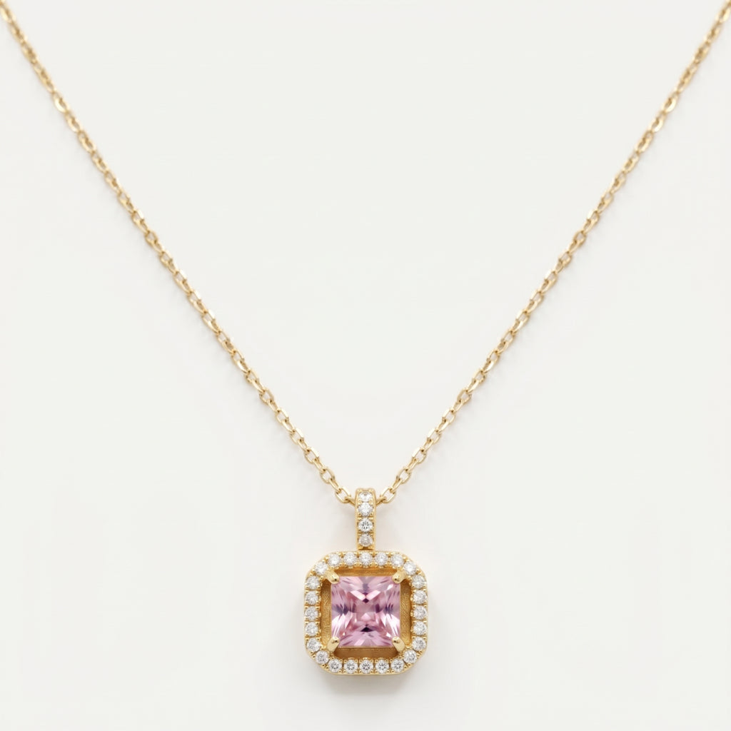 Pink Cushion Square Halo Pendant Necklace 18k gold vermeil