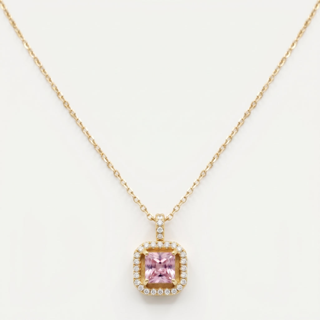 Pink Cushion Square Halo Pendant Necklace 18k gold vermeil