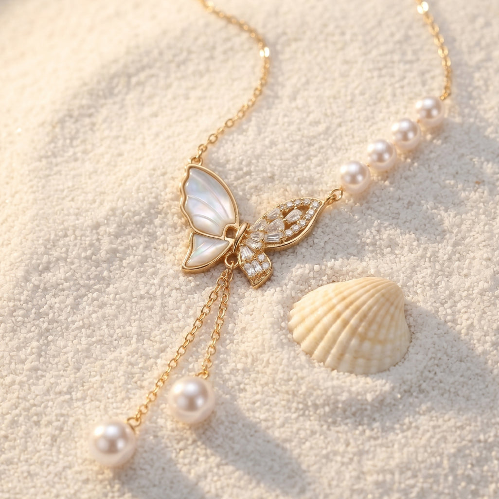 Pearl Double Drop MOP Butterfly Lariat Necklace 18k gold vermeil