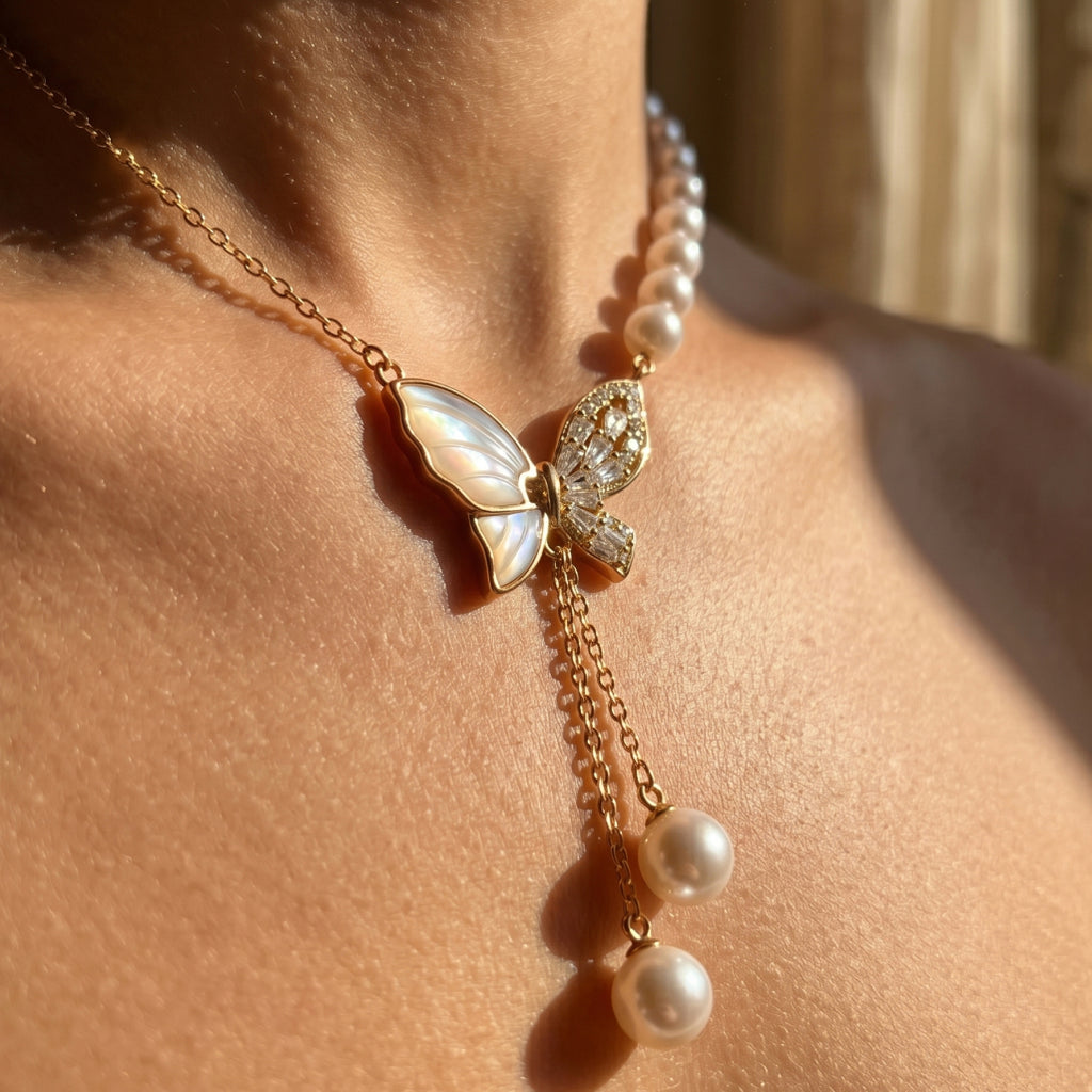 Pearl Double Drop MOP Butterfly Lariat Necklace 18k gold vermeil