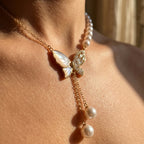 Pearl Double Drop MOP Butterfly Lariat Necklace 18k gold vermeil