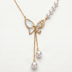 Pearl Double Drop MOP Butterfly Lariat Necklace 18k gold vermeil