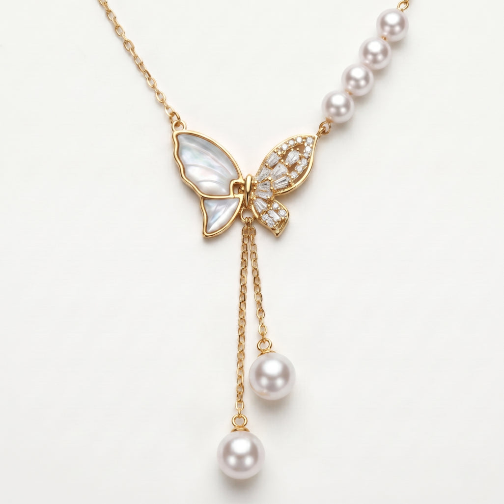 Pearl Double Drop MOP Butterfly Lariat Necklace 18k gold vermeil