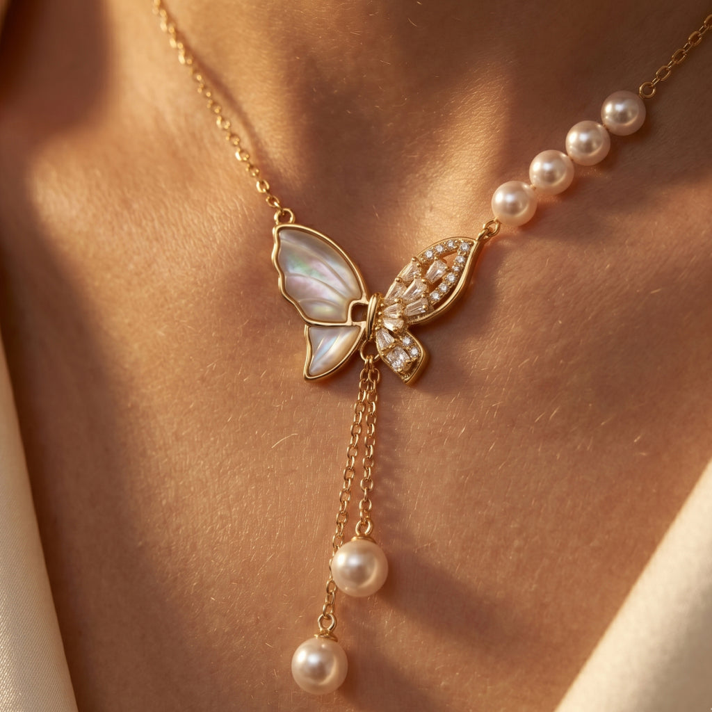 Pearl Double Drop MOP Butterfly Lariat Necklace 18k gold vermeil