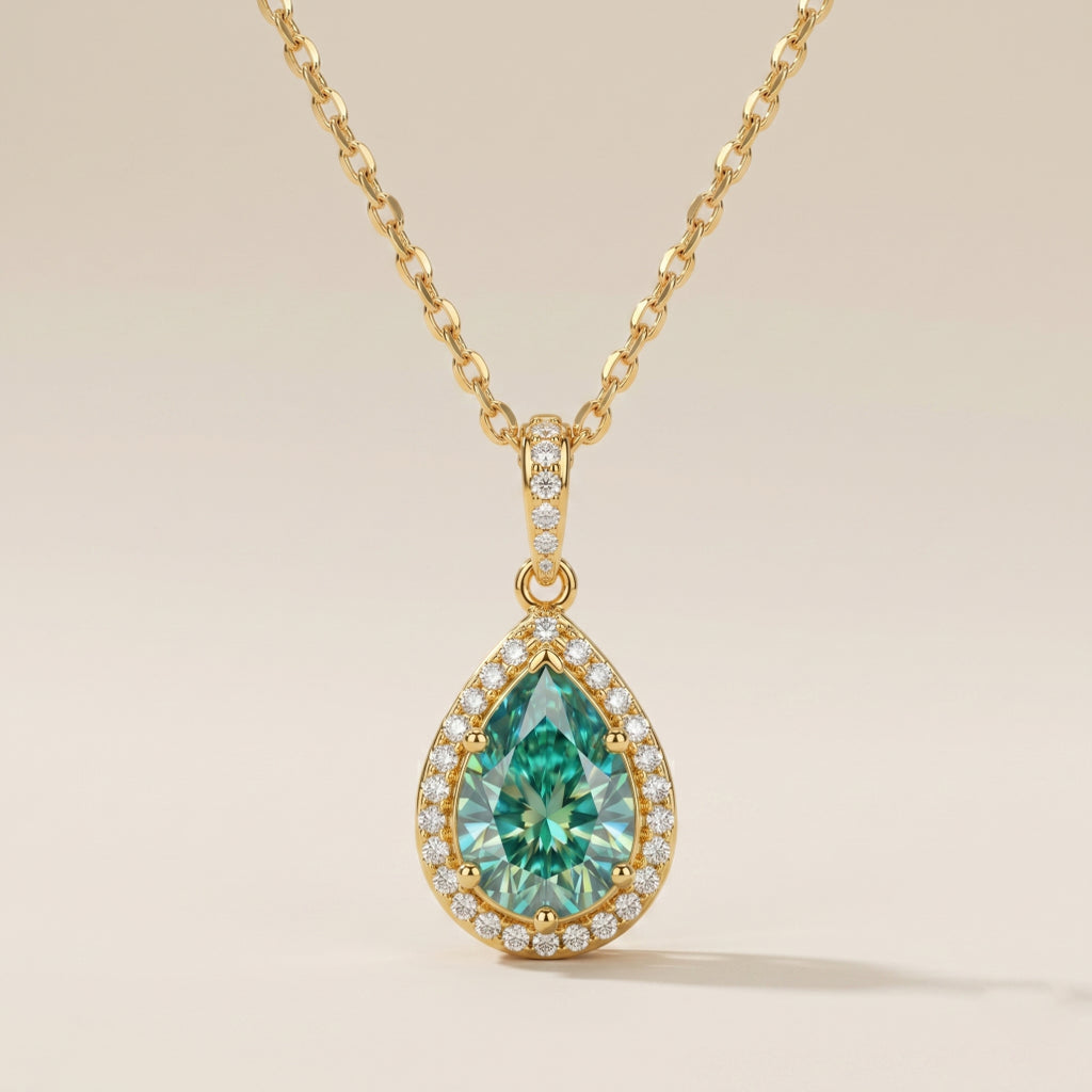 Teal Pear Diamond Halo Pendant Necklace 18k gold vermeil