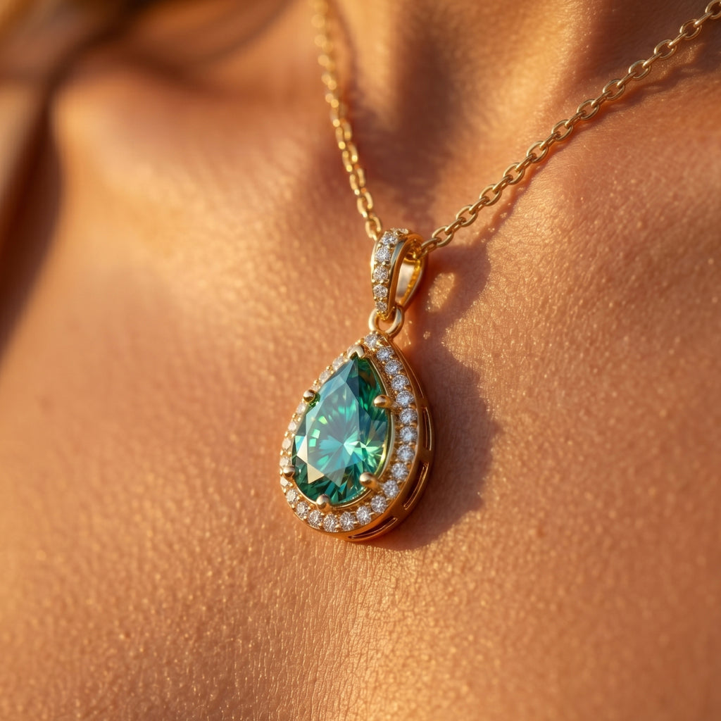 Teal Pear Diamond Halo Pendant Necklace 18k gold vermeil