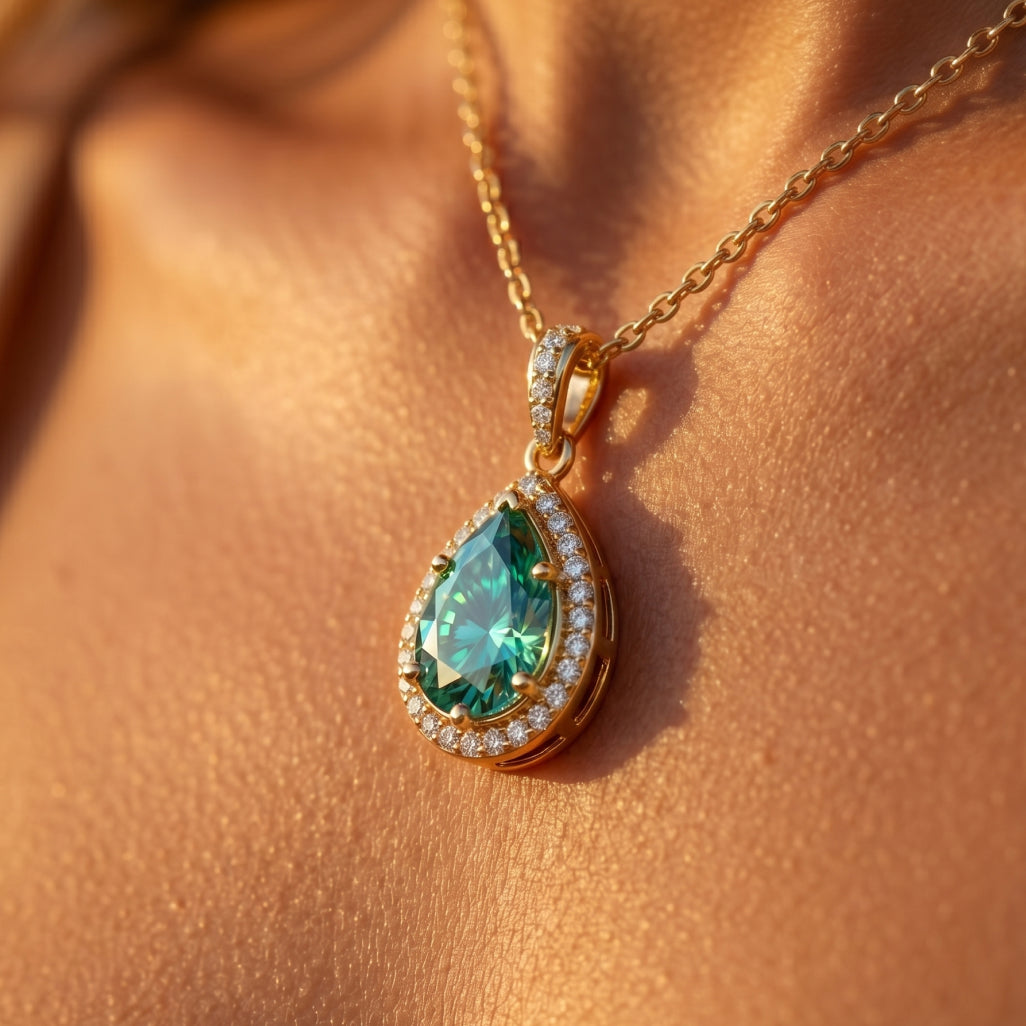 Teal Pear Diamond Halo Pendant Necklace 18k gold vermeil