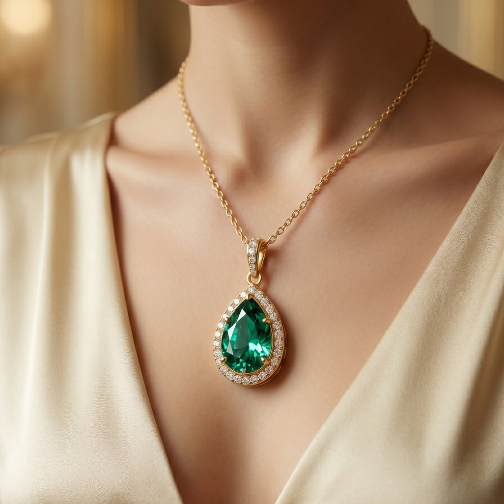 Teal Pear Diamond Halo Pendant Necklace 18k gold vermeil