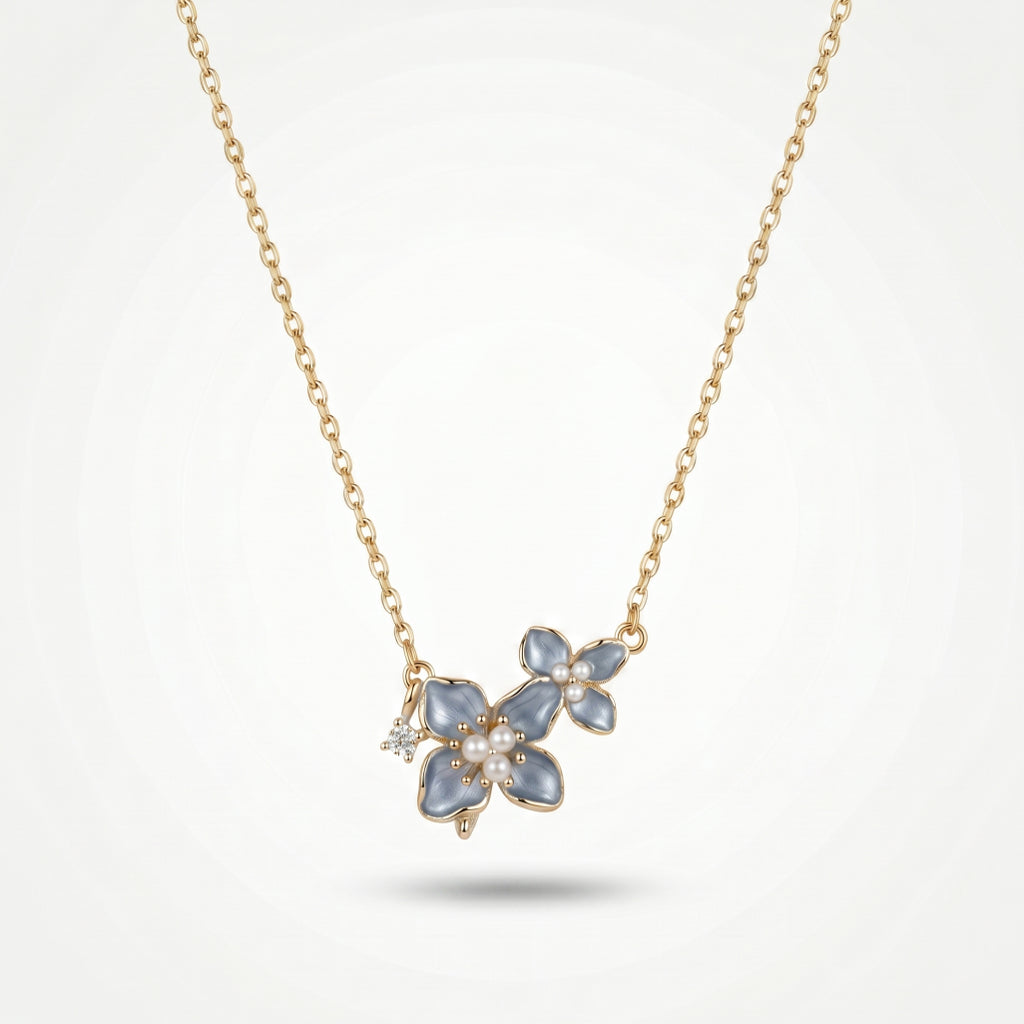 Blue Enamel Double Flower Pearl Station Necklace 18k gold vermeil