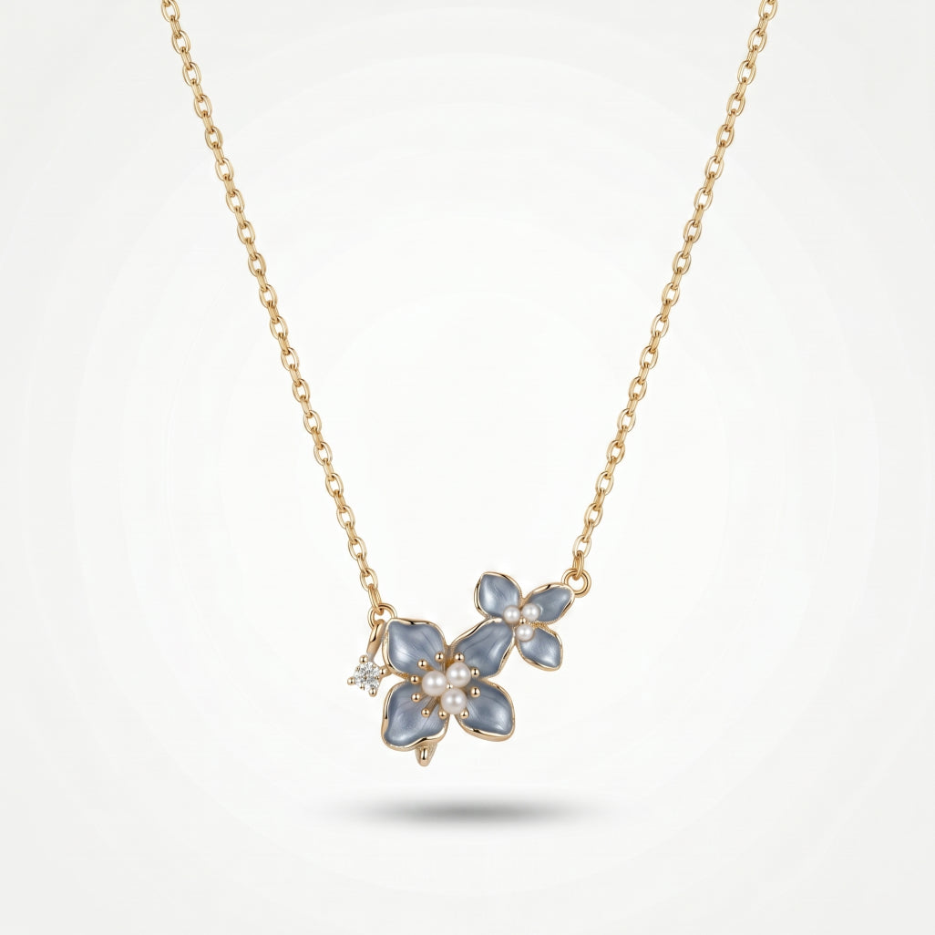 Blue Enamel Double Flower Pearl Station Necklace 18k gold vermeil