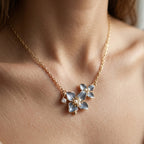 Blue Enamel Double Flower Pearl Station Necklace 18k gold vermeil