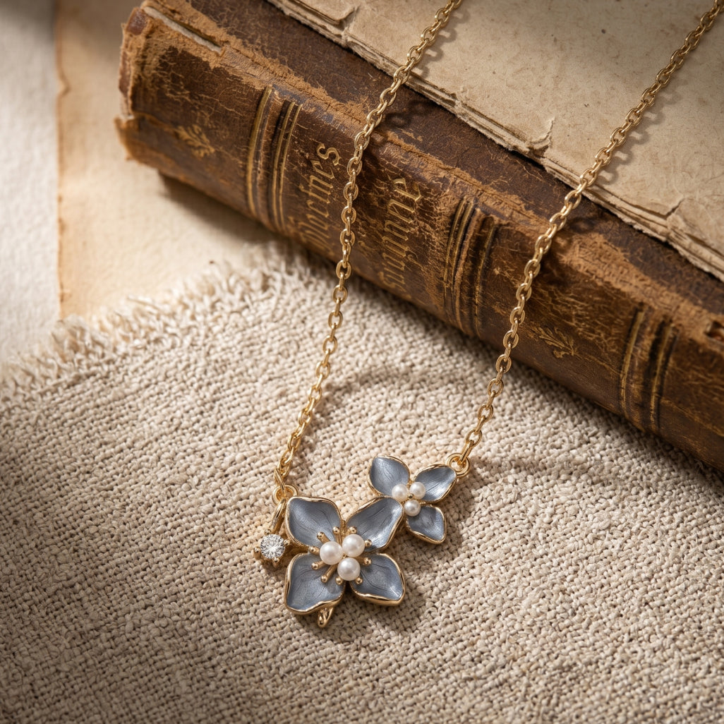 Blue Enamel Double Flower Pearl Station Necklace 18k gold vermeil